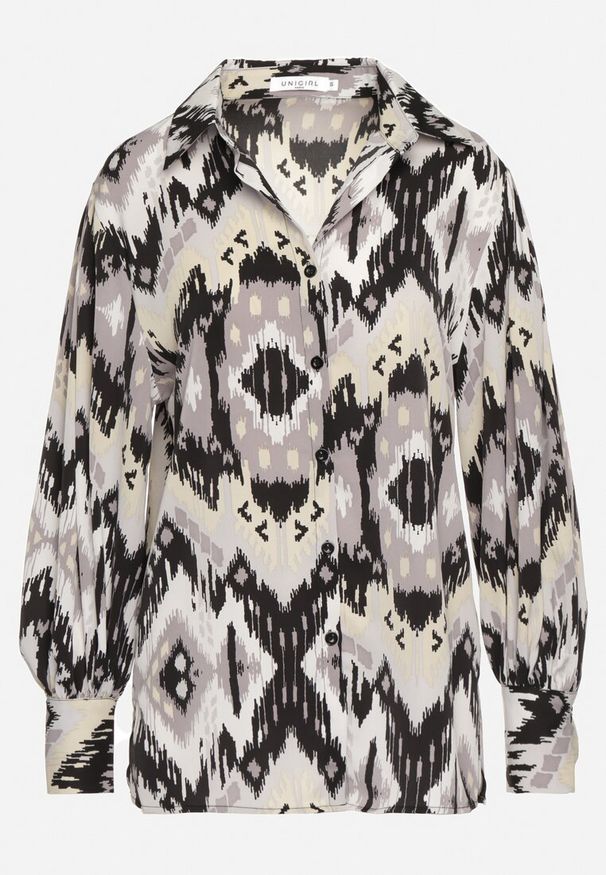 Born2be - Beżowo-Czarna Koszula z Bufiastymi Rękawami w Etno Wzór Ithilwen. Kolor: beżowy. Styl: etno