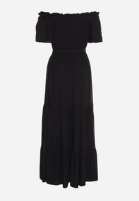 Born2be - Czarna Bawełniana Sukienka Hiszpanka z Wiskozą z Gumką i Materiałowym Paskiem w Talii Tiamanthe. Okazja: na imprezę, na co dzień. Typ kołnierza: dekolt hiszpanka. Kolor: czarny. Materiał: materiał, bawełna, wiskoza. Sezon: lato. Styl: casual, elegancki #2