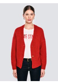 Big-Star - Kardigan damski z dodatkiem wełny czerwony Kardila 603. Okazja: do pracy, na spacer, na co dzień, na spotkanie biznesowe. Kolor: czerwony. Materiał: wełna. Wzór: ze splotem. Styl: casual, klasyczny, biznesowy #4