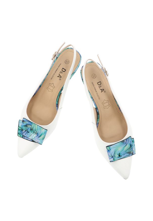 Czółenka damskie S.Barski, slingback ze skóry naturalnej z dekoracyjną aplikacją na niskim obcasie zapinane sprzączką, białe, LZ61-2006. Okazja: na wesele, na imprezę, na ślub cywilny. Zapięcie: sprzączka. Kolor: biały. Materiał: skóra. Wzór: aplikacja. Obcas: na obcasie. Styl: elegancki. Wysokość obcasa: niski