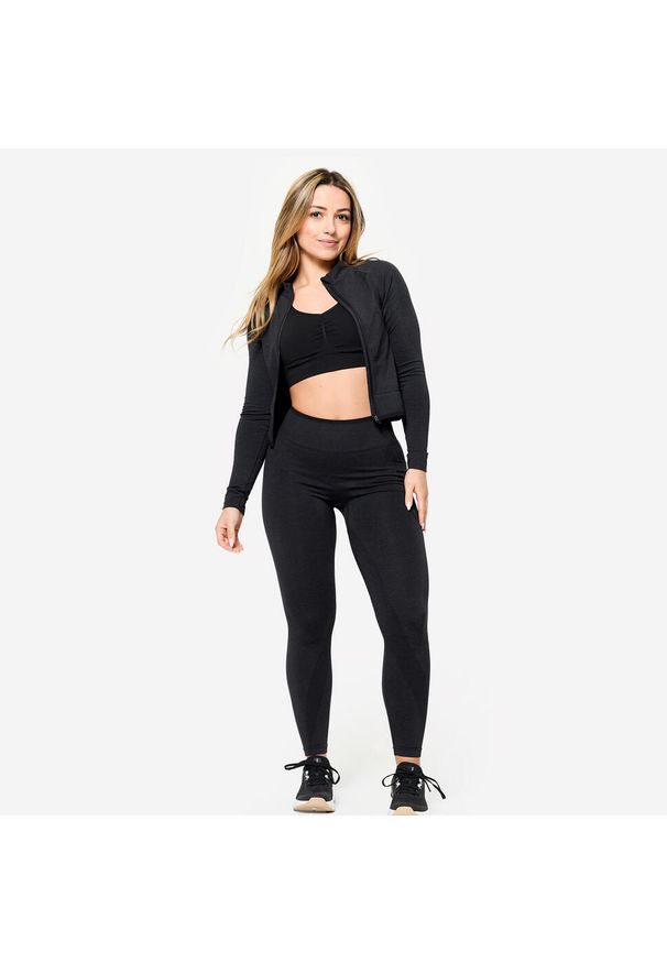 DOMYOS - Bluza do treningu siłowego damska Domyos seamless. Kolor: czarny, szary, wielokolorowy. Materiał: poliester, elastan, poliamid, materiał. Sport: fitness