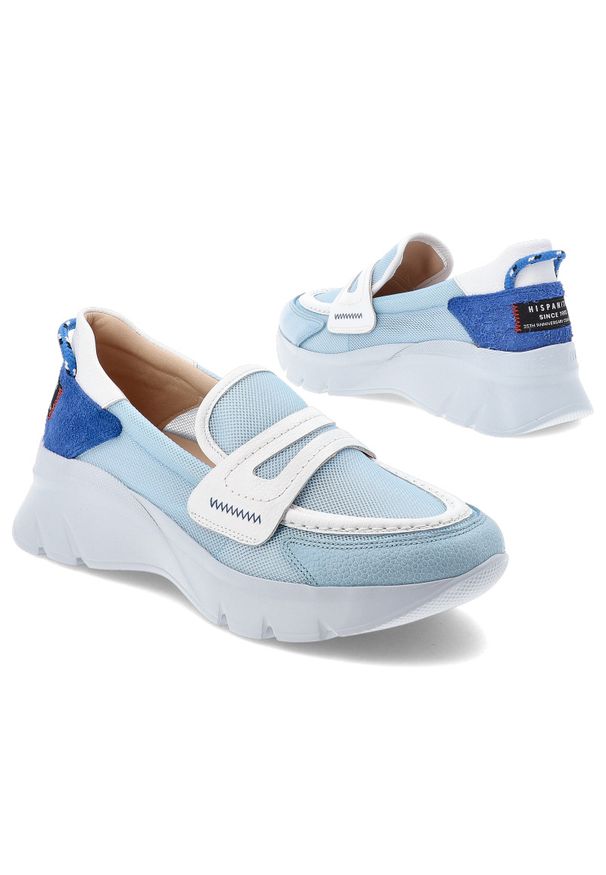 Niebieskie Półbuty Hispanitas Modne Wsuwane Obuwie Damskie. Okazja: na co dzień. Zapięcie: bez zapięcia. Kolor: niebieski. Materiał: skóra, mesh. Styl: casual