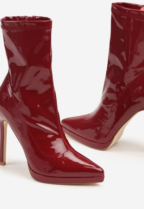 Renee - Bordowe Lakierowane Botki Eleganckie na Szpilce Merilie. Okazja: na co dzień. Kolor: czerwony. Materiał: lakier. Obcas: na szpilce. Styl: elegancki