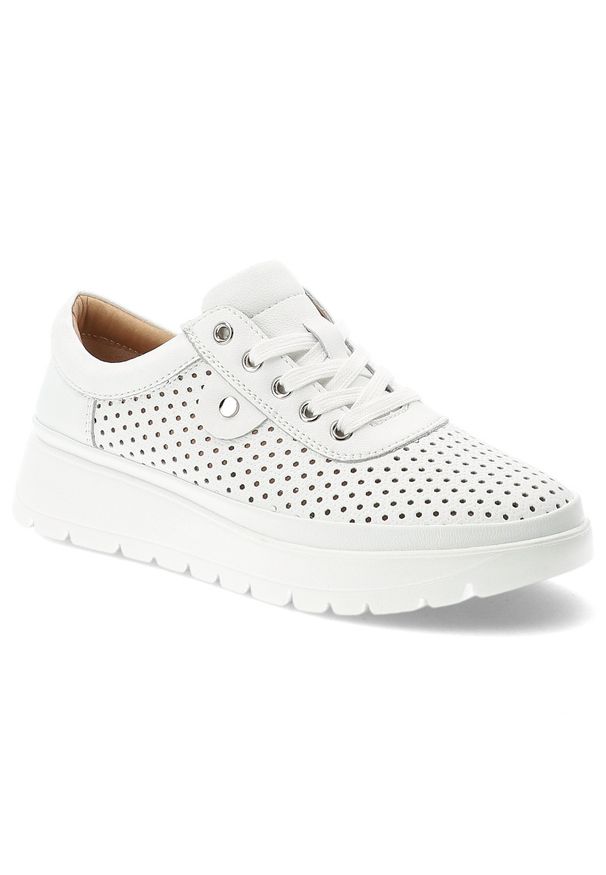 Półbuty damskie Vinceza, cholewka ze skóry naturalnej licowej z perforacją wiązanie z przodu metalowe oczka z zabudowanym przodem, białe, 79629. Kolor: biały. Materiał: skóra. Szerokość cholewki: normalna