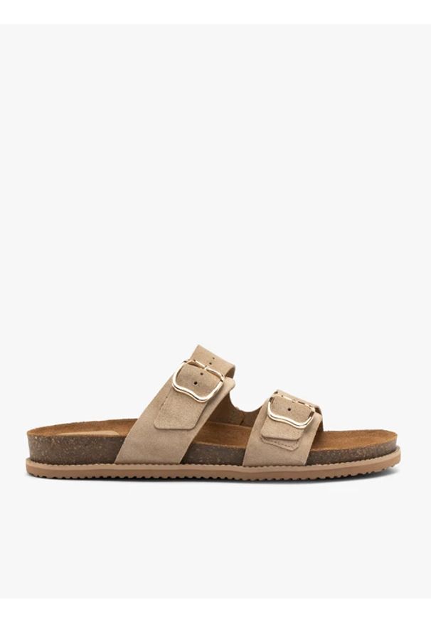 Ryłko - Piaskowe klapki damskie płaskie. Kolor: beżowy. Materiał: welur, skóra. Wzór: paski. Sezon: lato. Styl: street, klasyczny, wakacyjny