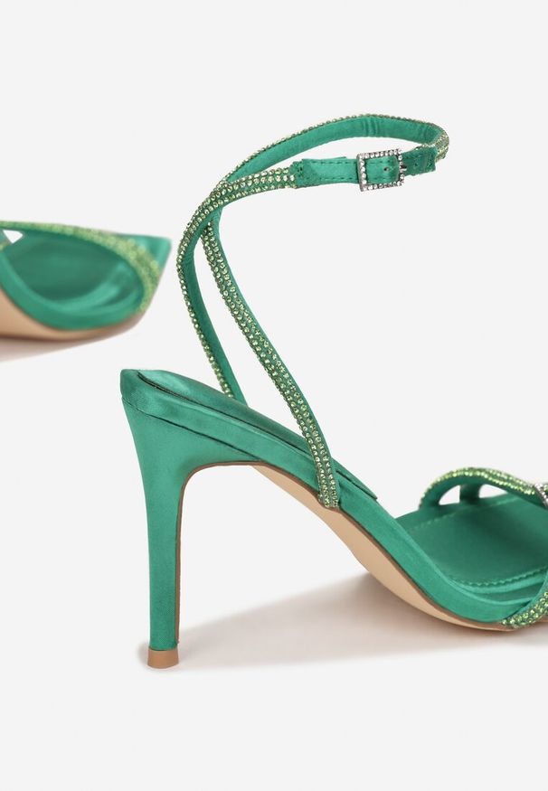 Renee - Zielone Sandały z Cyrkoniami na Szpilce Nange. Zapięcie: pasek. Kolor: zielony. Wzór: paski. Obcas: na szpilce