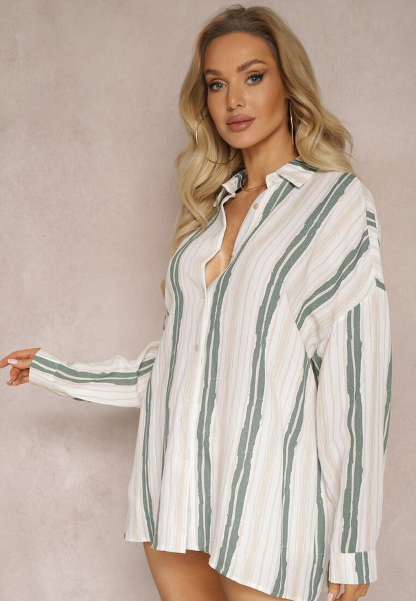 Renee - Beżowa Casualowa Koszula z Bawełny w Paski Sileata. Okazja: na co dzień. Kolor: beżowy. Materiał: bawełna. Wzór: paski. Styl: casual
