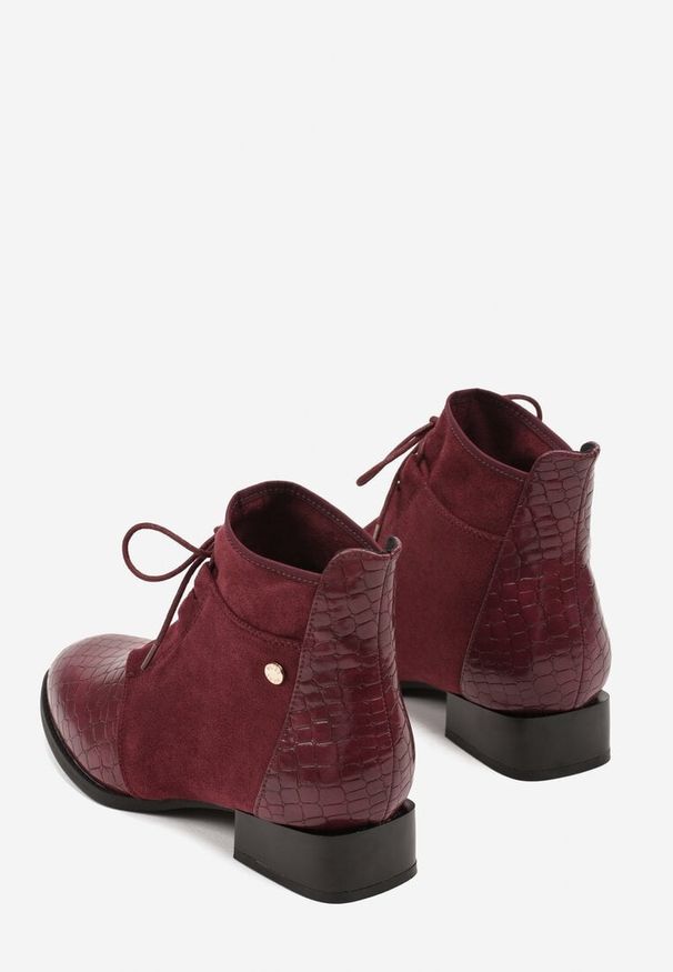 Born2be - Bordowe Sznurowane Botki Vices do Kostki z Wężowym Tłoczeniem Wodvira. Zapięcie: sznurówki. Kolor: czerwony. Materiał: jeans. Obcas: na obcasie. Styl: elegancki. Wysokość obcasa: niski