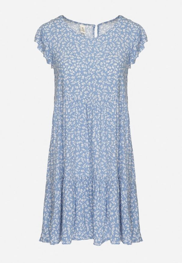 Born2be - Niebieska Bawełniana Sukienka o Rozkloszowanym Kroju z Falbanką Anettes. Kolor: niebieski. Materiał: bawełna. Długość rękawa: krótki rękaw. Typ sukienki: rozkloszowane. Styl: klasyczny