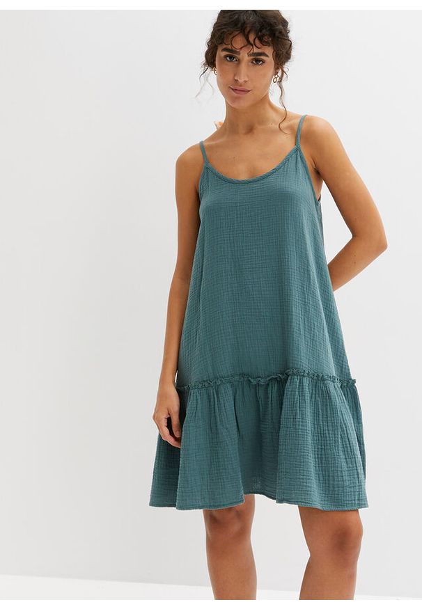 bonprix - Sukienka muślinowa na ramiączkach. Kolor: zielony. Długość rękawa: na ramiączkach