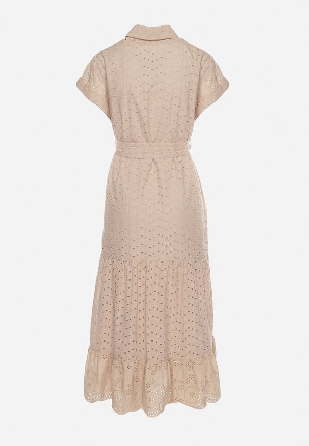 Born2be - Beżowa Sukienka Bawełniana z Ażurowym Wzorem i Wiązanym Paskiem Kelilena. Okazja: na co dzień. Kolor: beżowy. Materiał: bawełna. Długość rękawa: krótki rękaw. Wzór: ażurowy. Typ sukienki: rozkloszowane. Styl: casual, elegancki, retro