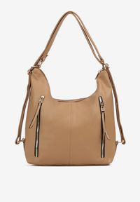 Renee - Ciemnobeżowa Torebka Hobo z Regulowanym Paskiem i Kieszeniami z Ozdobnymi Suwakami Sanirael. Kolor: beżowy. Styl: biznesowy, elegancki, casual