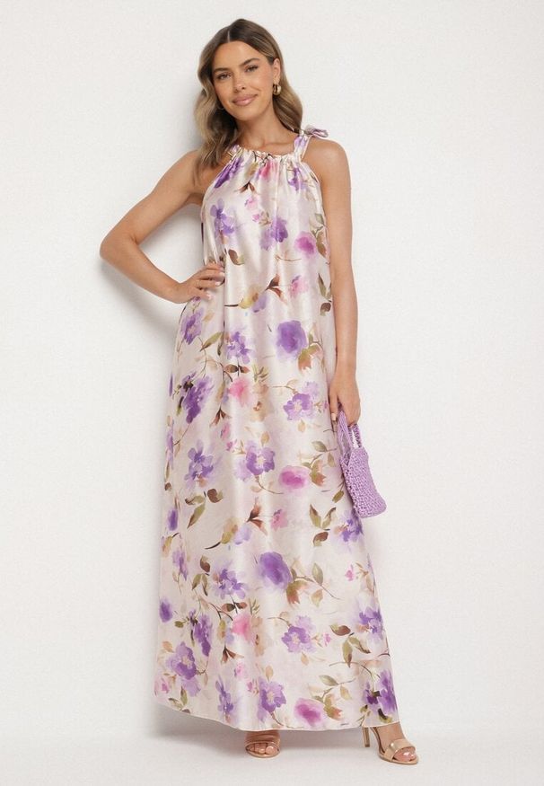 Born2be - Fioletowa Satynowa Sukienka w Kwiaty Fenaresia. Okazja: na spacer, na co dzień. Kolor: fioletowy. Materiał: satyna. Długość rękawa: na ramiączkach. Wzór: kwiaty. Sezon: lato. Typ sukienki: proste. Styl: casual, elegancki