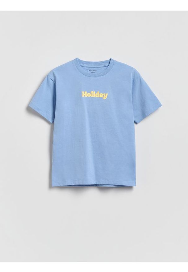 Reserved - Bawełniany t-shirt z nadrukiem - jasnoniebieski. Kolor: niebieski. Materiał: bawełna. Wzór: nadruk