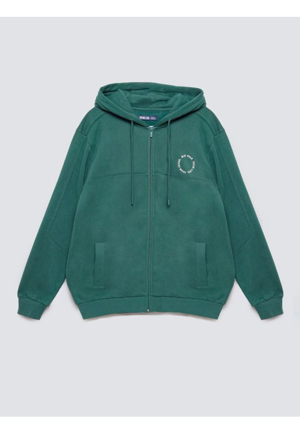 Big-Star - Bluza męska rozpinana z kapturem zielona Ajron 304. Okazja: na co dzień, na spacer. Typ kołnierza: kaptur. Kolor: zielony. Materiał: jeans, dresówka, dzianina. Wzór: haft. Styl: casual