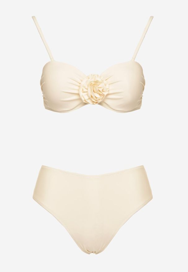 Renee - Beżowe Bikini Majtki Figi Biustonosz Ozdobione Kwiatem 3D Tenionea. Kolor: beżowy. Wzór: aplikacja, kwiaty