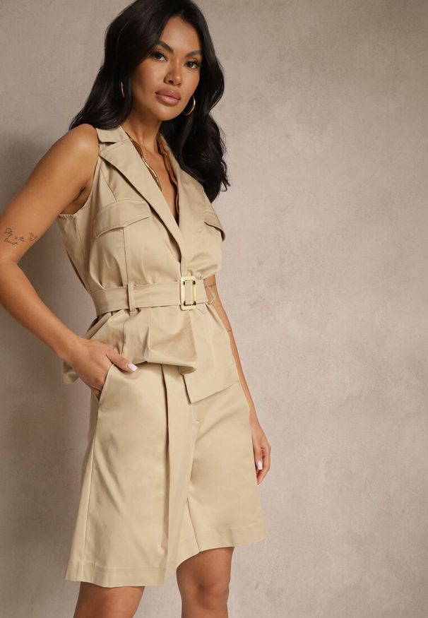 Renee - Beżowe Bawełniane Szorty Bermudy High Waist w Eleganckim Stylu Aliriae. Okazja: na co dzień, na spacer. Stan: podwyższony. Kolor: beżowy. Materiał: bawełna. Styl: elegancki