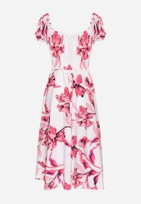 Born2be - Jasnobeżowa Sukienka w Kwiaty z Dekoltem Łódką z Bawełną o Rozkloszowanym Kroju Annilva. Okazja: na spacer, na imprezę, na co dzień. Typ kołnierza: dekolt w łódkę. Kolor: beżowy. Materiał: bawełna. Długość rękawa: krótki rękaw. Wzór: kwiaty. Sezon: wiosna, lato. Styl: elegancki, casual, klasyczny #7