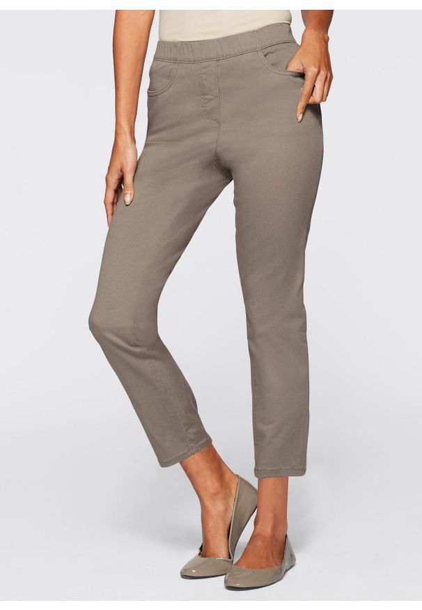 bonprix - Spodnie 7/8 z gumką w talii, ze stretchem. Kolor: brązowy. Styl: elegancki