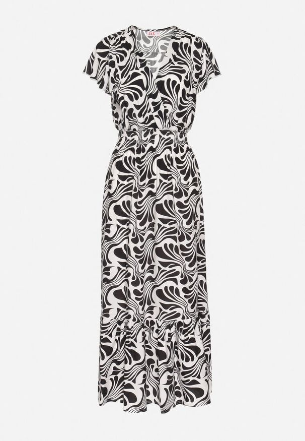 Born2be - Czarna Sukienka o Kopertowym Fasonie z Falbanką w Kwiatowy Wzór Flormoi. Okazja: na co dzień. Typ kołnierza: dekolt kopertowy, kołnierz z falbankami. Kolor: czarny. Materiał: jeans, materiał. Wzór: kwiaty. Sezon: wiosna, lato. Typ sukienki: kopertowe. Styl: casual, klasyczny