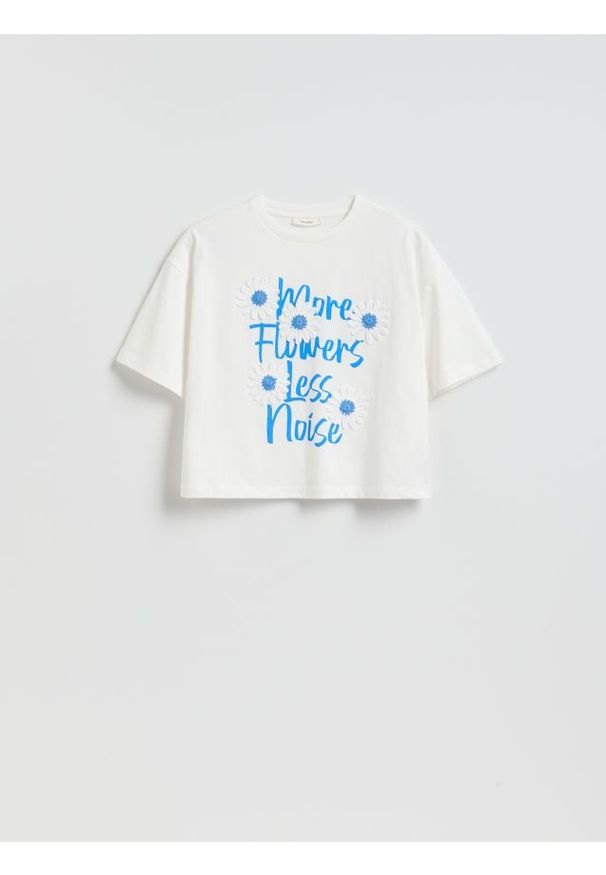 Reserved - Bawełniany t-shirt z aplikacją - biały. Kolor: biały. Materiał: bawełna. Wzór: aplikacja