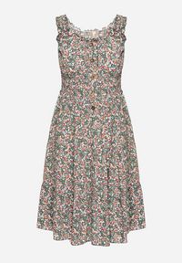 Born2be - Zielono-Różowa Rozkloszowana Sukienka z Bawełny Wykończona Gumką w Talii Nelaris. Okazja: na randkę, na imprezę. Typ kołnierza: dekolt hiszpanka. Kolor: zielony. Materiał: bawełna. Długość rękawa: na ramiączkach. Styl: boho #2