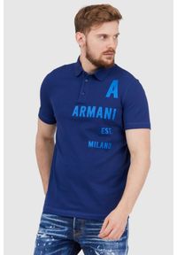 Armani Exchange - ARMANI EXCHANGE Granatowa męska koszulka polo z nadrukiem, Rozmiar M. Typ kołnierza: polo. Kolor: niebieski. Wzór: nadruk #1