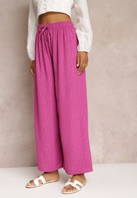 Renee - Ciemnofioletowe Szerokie Spodnie z Gumką w Pasie Eliketa. Kolor: fioletowy. Materiał: tkanina. Wzór: gładki #5