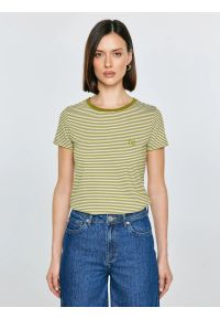 Big-Star - Koszulka damska w paski z haftem khaki Zenaisa 301. Okazja: na co dzień. Kolor: zielony. Materiał: dzianina, jeans, materiał. Długość rękawa: krótki rękaw. Długość: krótkie. Wzór: haft, paski. Styl: casual, elegancki, retro, klasyczny #1