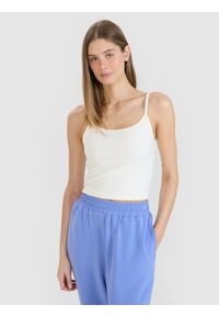 4f - 4F Crop-top slim damski - biały XL. Kolor: biały. Materiał: materiał, dzianina, elastan, włókno, syntetyk. Długość rękawa: na ramiączkach. Wzór: gładki, jednolity, ze splotem