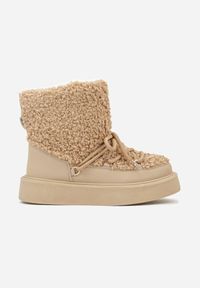 Born2be - Ciemnobeżowe Śniegowce Ozdobione Futerkiem w Stylu Baranka Allero. Okazja: na co dzień. Kolor: beżowy. Materiał: futro. Wzór: aplikacja. Styl: casual, klasyczny #5