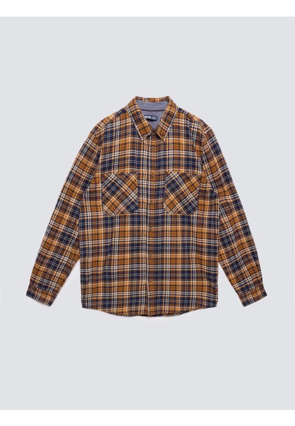 Big-Star - Koszula męska flanelowa w kratę granatowo-pomaraŅczowa Kolisar 403. Okazja: na co dzień. Kolor: niebieski. Materiał: jeans, tkanina, materiał. Wzór: kolorowy, kratka. Styl: casual