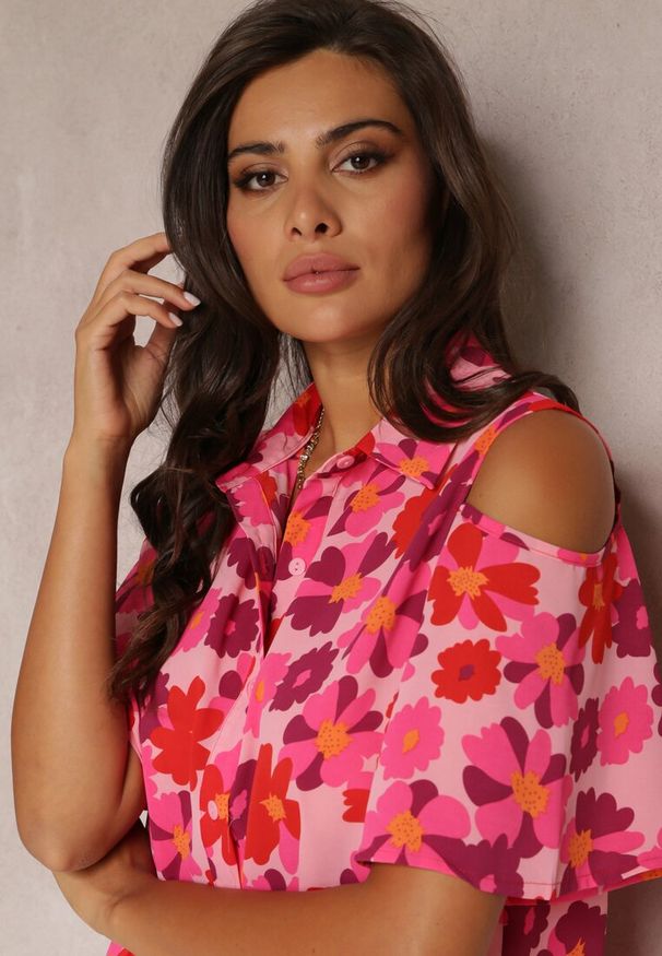 Renee - Fuksjowa Koszula Open Shoulder w Kwiatowy Print Veconda. Kolor: różowy. Wzór: kwiaty, nadruk