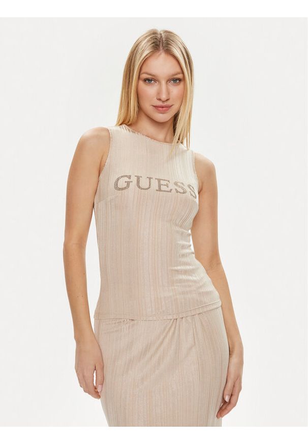 Guess Bluzka W4GP04 KBYZ0 Beżowy Slim Fit. Kolor: beżowy. Materiał: syntetyk