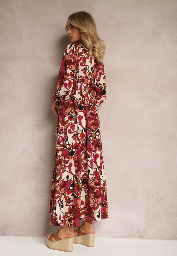 Renee - Bordowa Maxi Rozkloszowana Sukienka z Cekinami i Haftowaną Tasiemką Aceija. Kolor: czerwony. Wzór: haft. Długość: maxi