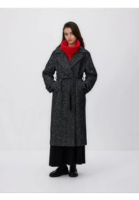 Reserved - Wiązany płaszcz z wełną - czarny. Kolor: czarny. Materiał: wełna #1