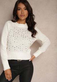 Renee - Jasnobeżowy Casualowy Sweter z Bawełną i Cekinami Savintha. Okazja: na co dzień. Kolor: beżowy. Materiał: bawełna. Wzór: aplikacja. Styl: casual #4