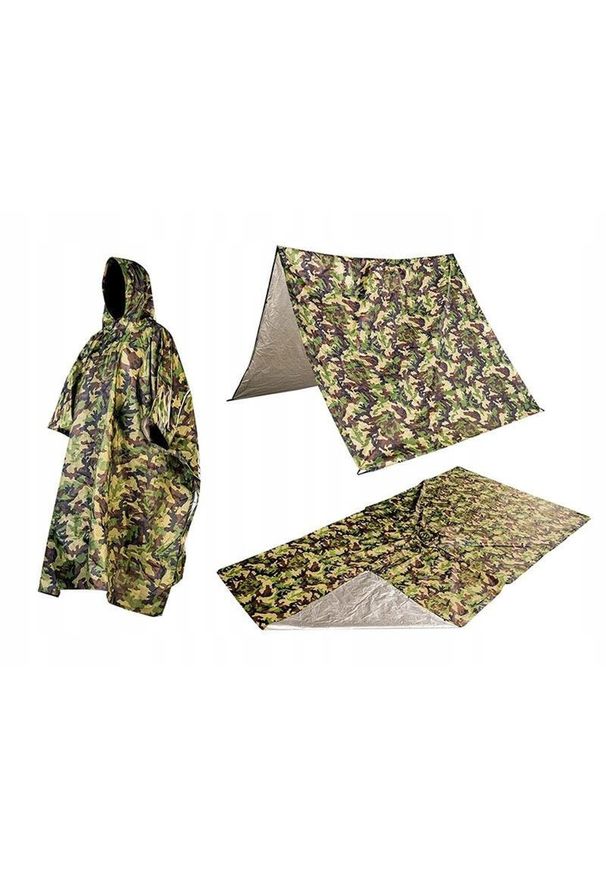 NEO TOOLS - Poncho peleryna przeciwdeszczowa 3w1 tarp mata. Kolor: zielony, wielokolorowy, brązowy