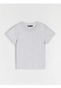 Sinsay - Bawełniana jednolita koszulka z krótkim rękawem - szary. Kolor: szary. Materiał: bawełna. Długość rękawa: krótki rękaw. Długość: krótkie. Wzór: jednolity #1