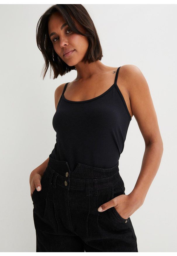 bonprix - Top na cienkich ramiączkach (2 szt.), z czystej bawełny organicznej. Kolor: czarny. Materiał: bawełna. Długość rękawa: na ramiączkach