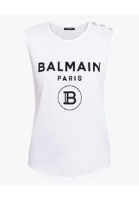 Balmain - BALMAIN - Biały t-shirt z logo. Kolor: biały. Materiał: jeans. Długość rękawa: na ramiączkach. Wzór: aplikacja, nadruk #2