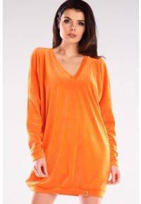 Awama - Krótka Welurowa Sukienka Zakończona Ściągaczem - Pomarańczowa. Kolor: pomarańczowy. Materiał: welur. Długość: mini