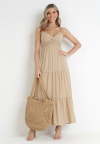 Born2be - Beżowa Bawełniana Sukienka Maxi z Ażurową Gumką w Pasie Emmaya. Kolor: beżowy. Materiał: bawełna. Wzór: ażurowy. Sezon: lato. Długość: maxi #2