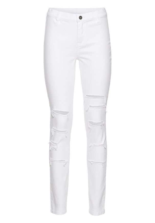 Spodnie SKINNY z wysoką talią i z przetarciami bonprix biały. Kolor: biały