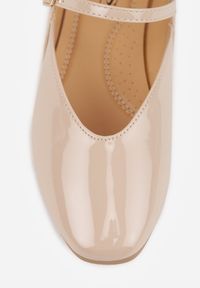 Born2be - Beżowe Balerinki Vices z Paskiem z Klamerką Zdobione Przeszyciem Desilita. Okazja: na co dzień. Nosek buta: okrągły. Zapięcie: pasek. Kolor: beżowy. Wzór: aplikacja. Materiał: jeans. Obcas: na obcasie. Styl: casual, elegancki. Wysokość obcasa: niski #7
