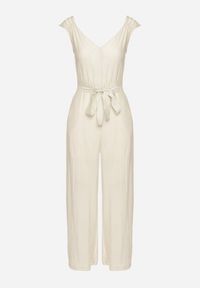 Born2be - Jasnobeżowy Wiskozowy Kombinezon na Ramiączkach z Materiałowym Paskiem i Gumkami w Talii Zadia. Kolor: beżowy. Materiał: wiskoza, materiał. Długość rękawa: na ramiączkach #4