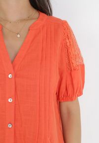 Born2be - Pomarańczowa Koszula Bawełniana z Krótkim i Bufiastym Rękawem Miria. Kolor: pomarańczowy. Materiał: bawełna. Długość: krótkie. Wzór: aplikacja
