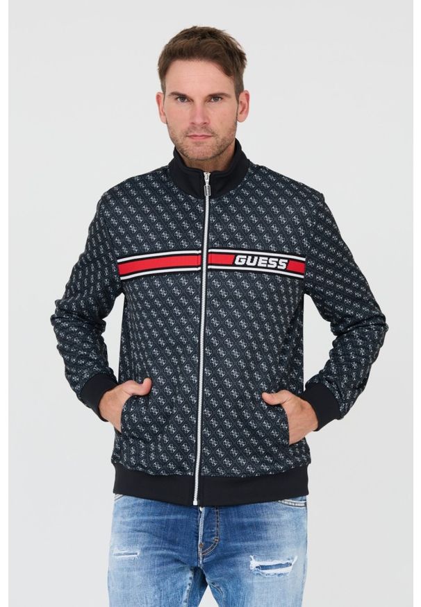 Guess - GUESS Czarna męska bluza logowana. Typ kołnierza: bez kaptura. Kolor: czarny
