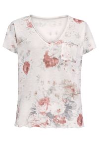 Shirt z nadrukiem z połyskiem bonprix biel wełny w kwiaty. Kolor: biały. Materiał: wełna. Wzór: kwiaty, nadruk #1