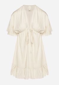 Born2be - Beżowa Nietoperzowa Sukienka z Wiskozą o Rozkloszowanym Kroju z Falbanką Tullimi. Okazja: na co dzień. Typ kołnierza: dekolt w kształcie V. Kolor: beżowy. Materiał: wiskoza. Styl: casual, elegancki #4